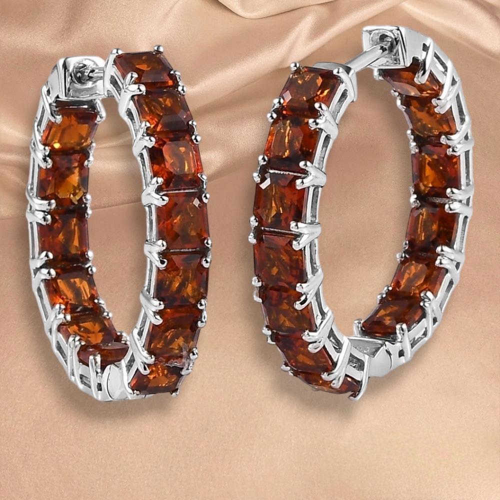 NWT ASSCHER CUT BRAZILIAN RED CITRINE HOOPS IN PLATINUM OVER STERLING SILVER